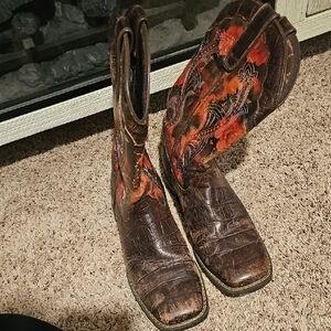 Brown Leather Western Cowboy Boots with Orange Floral Stitching